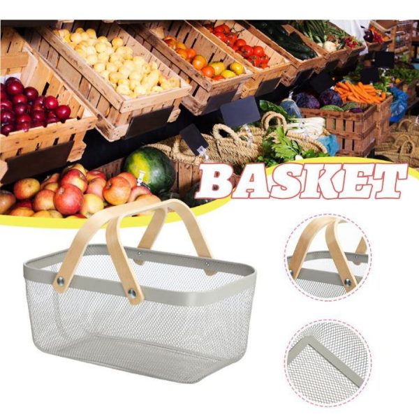 Metal Rectangular Mesh Basket With Wooden Handle