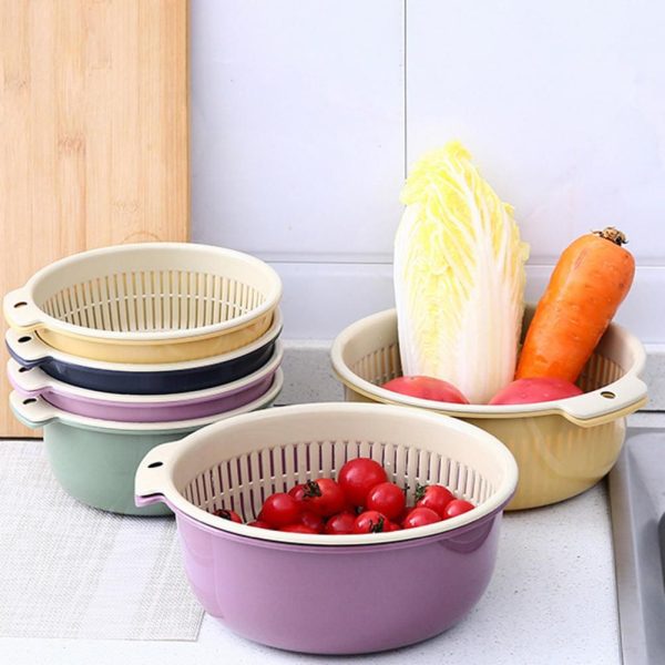 Double Drain Basket Bowl Vegetable Strainer Washing Colander