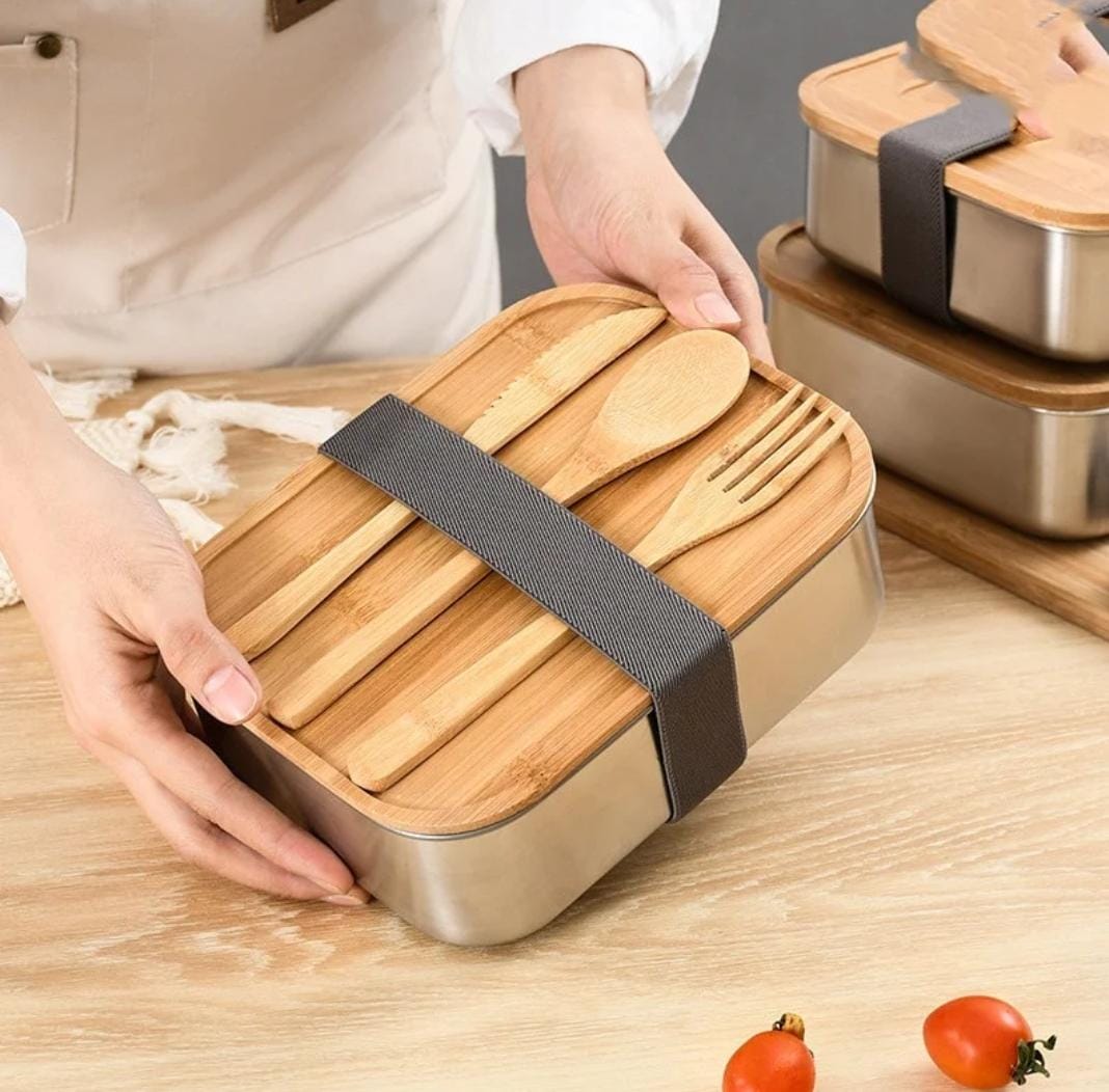 Stainless Steel with Bamboo Wooden Cover Lunchbox - Image 3