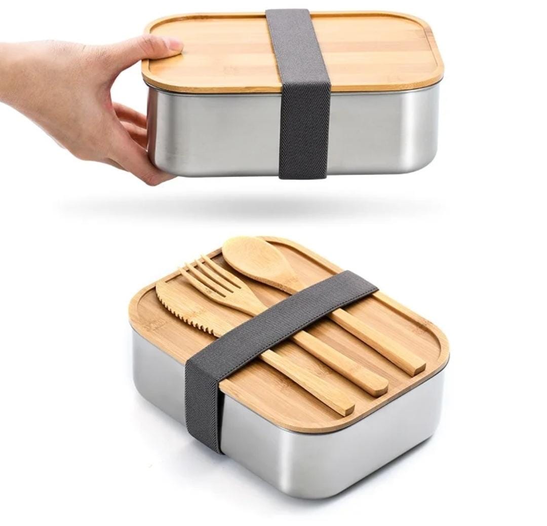 Stainless Steel with Bamboo Wooden Cover Lunchbox - Image 2