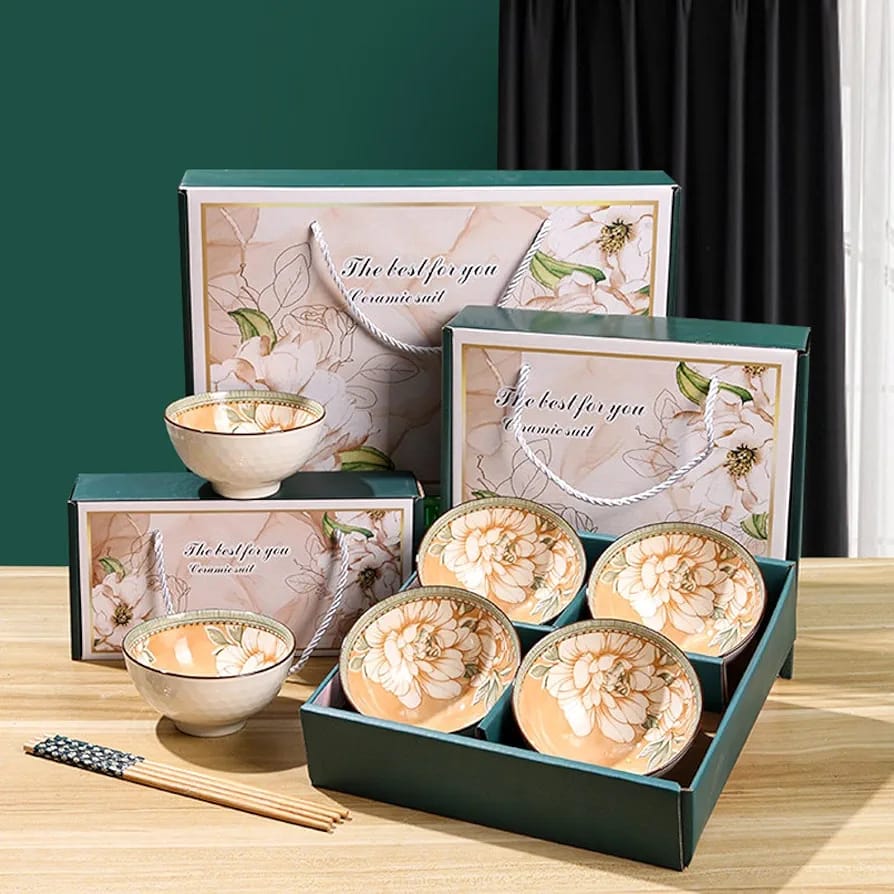 4pcs Vintage Hand Painted Camellia Flower Pattern Ceramic Rice Bowl Set