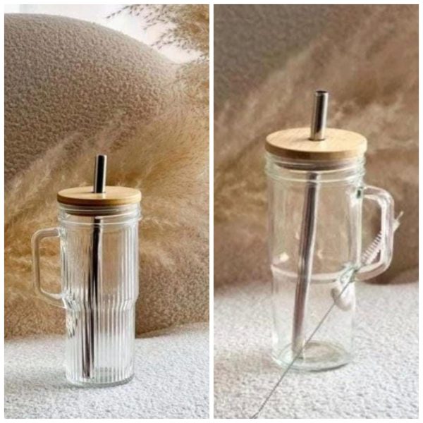 Borosilicate Glass Mug with Bamboo Lid and Stainless Steel Straw