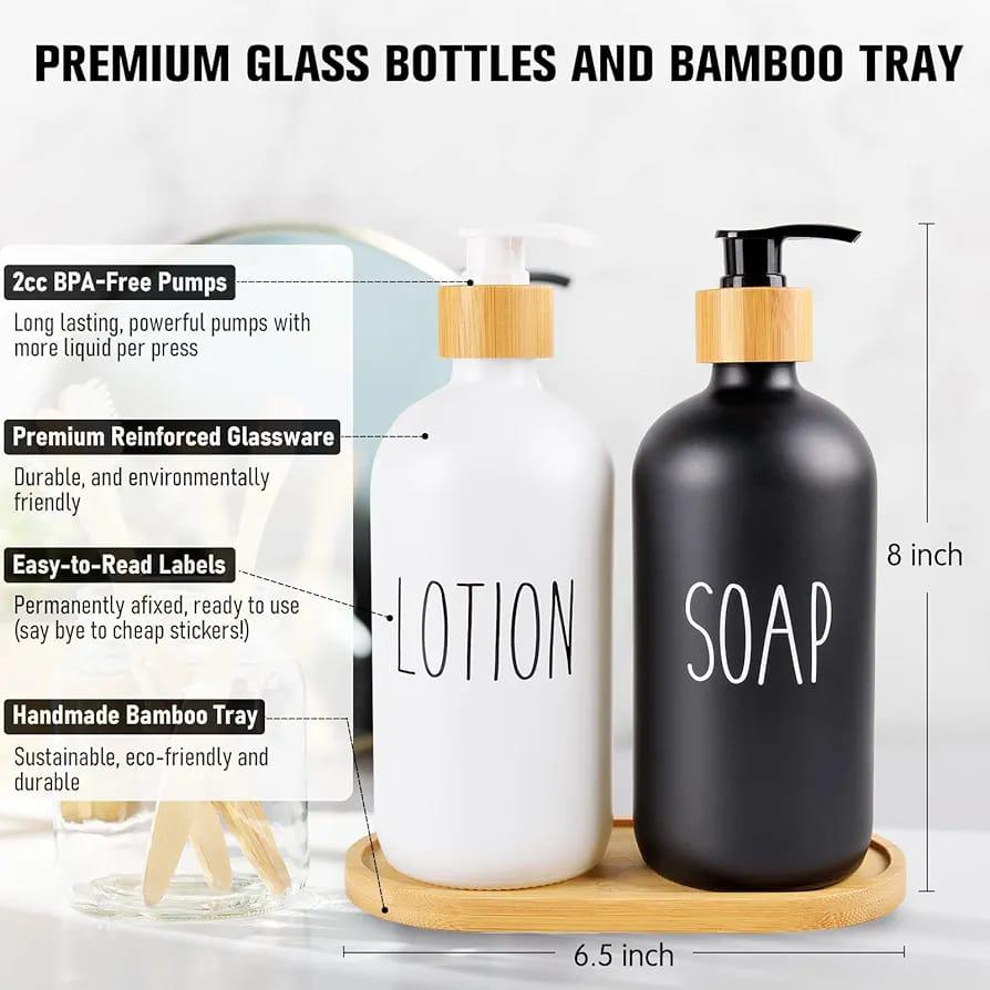Set of 2 Glass Bottles with 1 Tray Soap Dispenser & Lotion Dispenser - Image 4