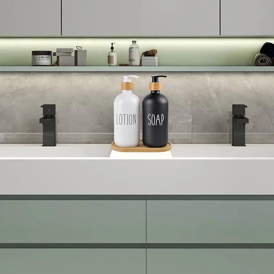 Set of 2 Glass Bottles with 1 Tray Soap Dispenser & Lotion Dispenser - Image 2