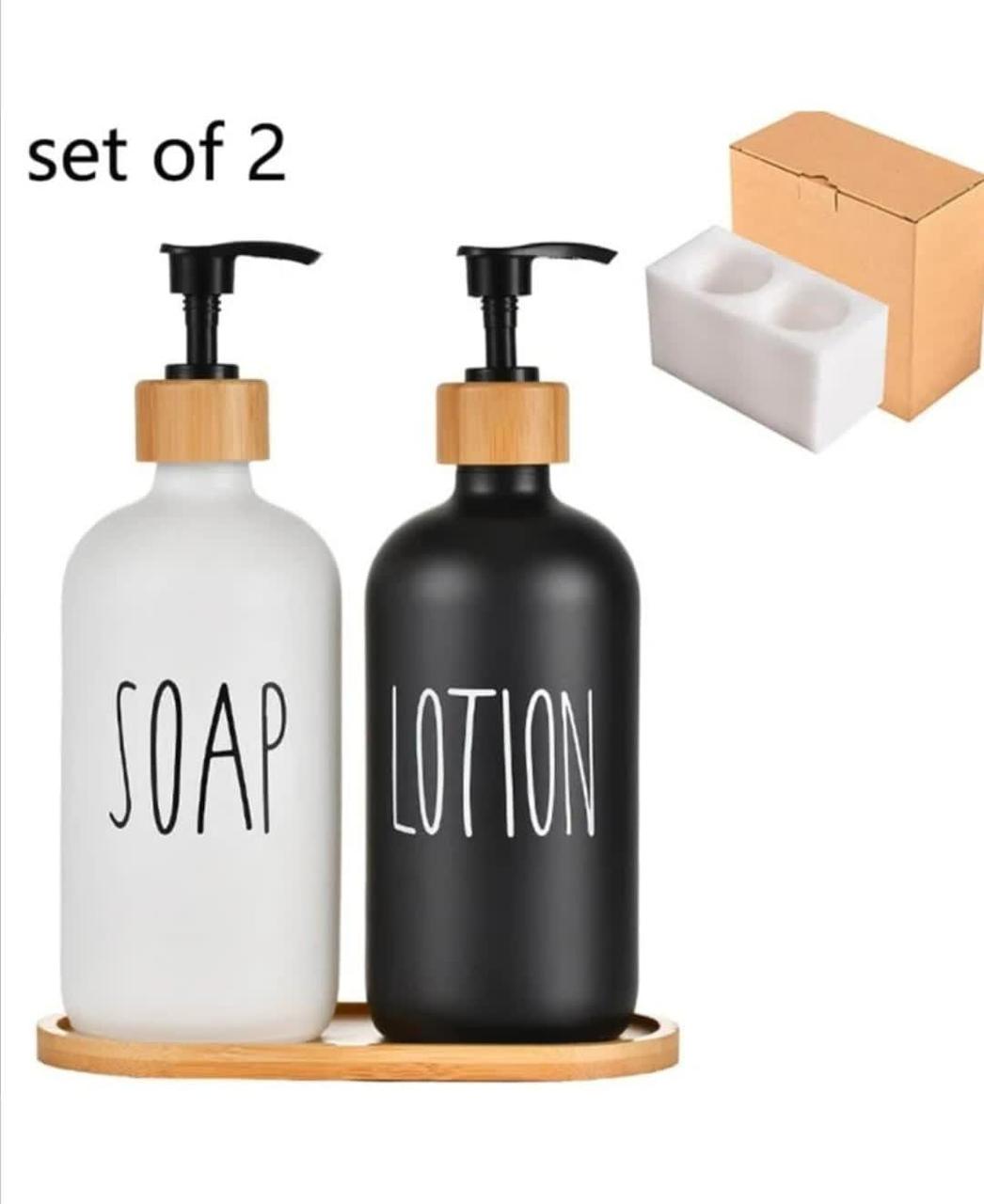 Set of 2 Glass Bottles with 1 Tray Soap Dispenser & Lotion Dispenser
