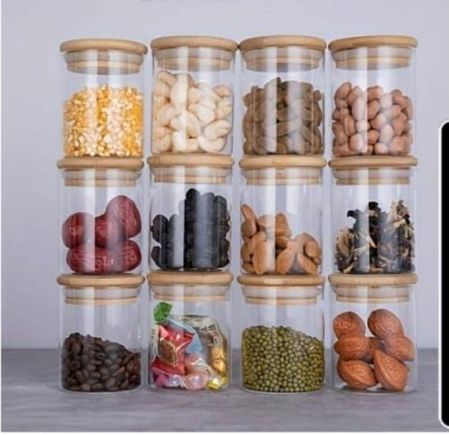Set of 12 Clear Glass Jars with Bamboo Lids