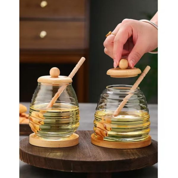 Alternative view of Glass Honey Jar with Bamboo spoon and base