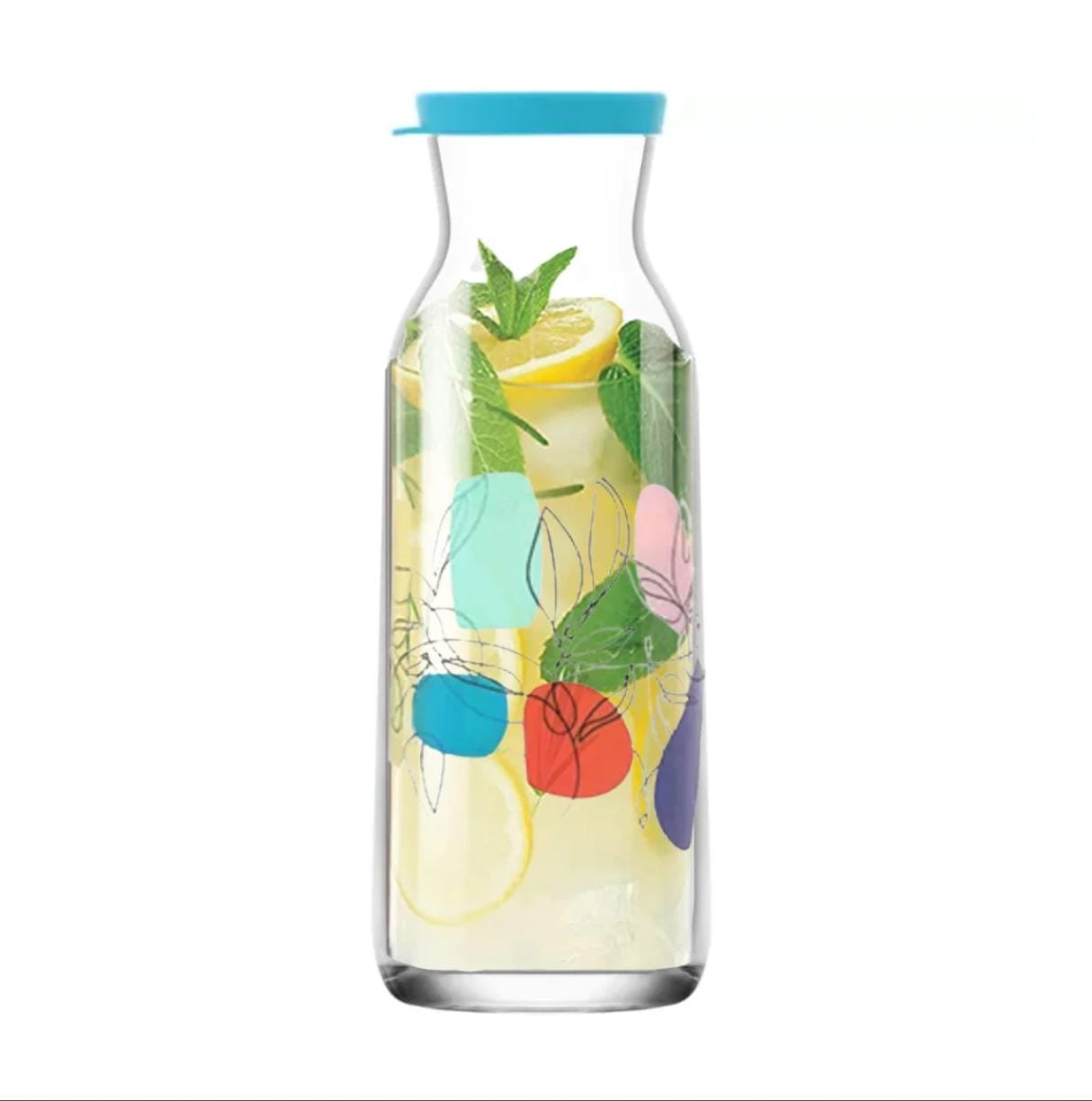LAV 1.2 Litre Glass Bottle With Flower Pattern And Blue Silicone Lid