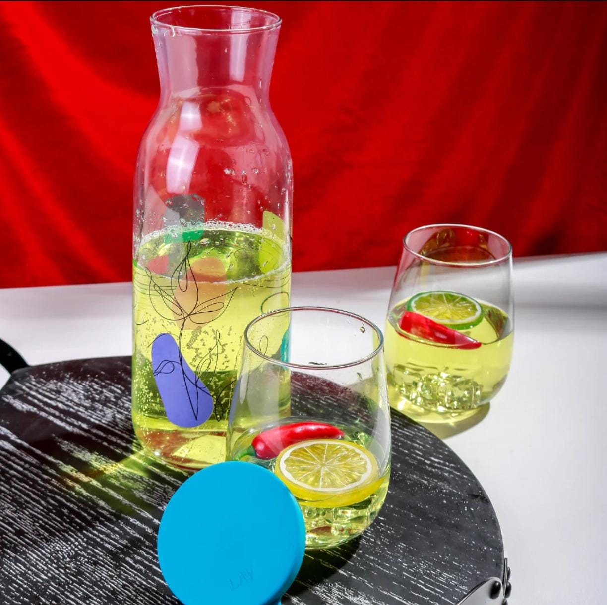 LAV 1.2 Litre Glass Bottle With Flower Pattern And Blue Silicone Lid - Image 2