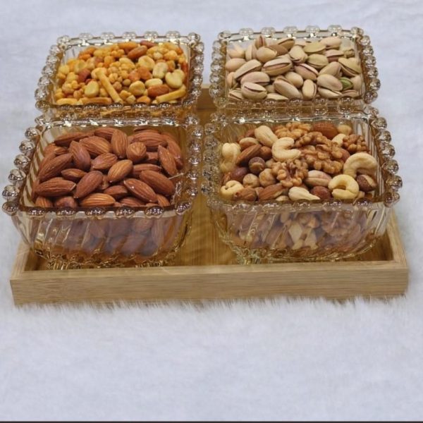 4 Crystal Glass Bowls on Bamboo Base