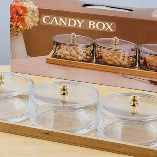 3pc Crystal Knob Jar Set with Bamboo Base