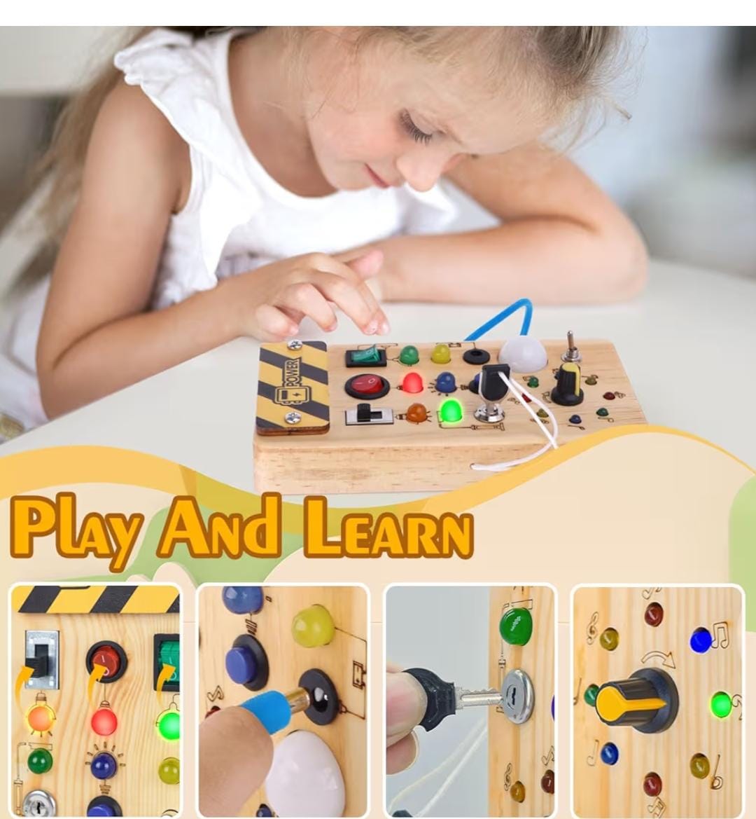 Wooden Busy Board with 8 LED Switches and Lights - Image 3