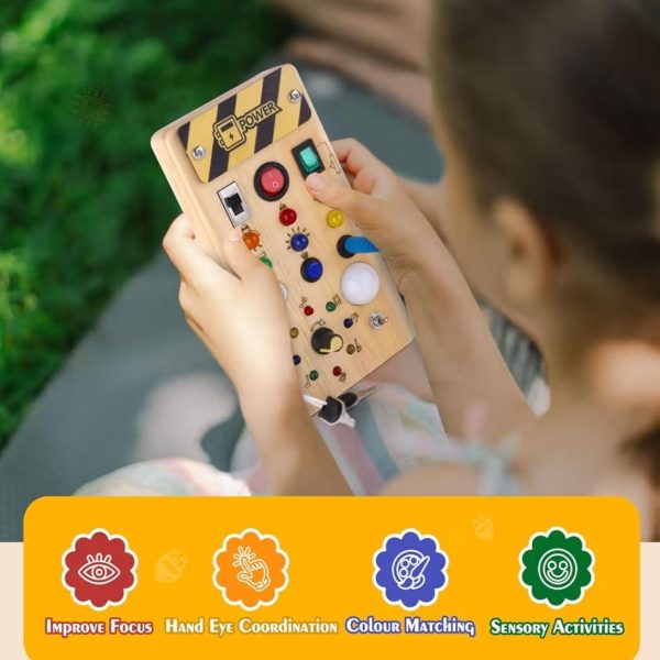 Alternative view of Wooden Busy Board with 8 LED Switches and Lights