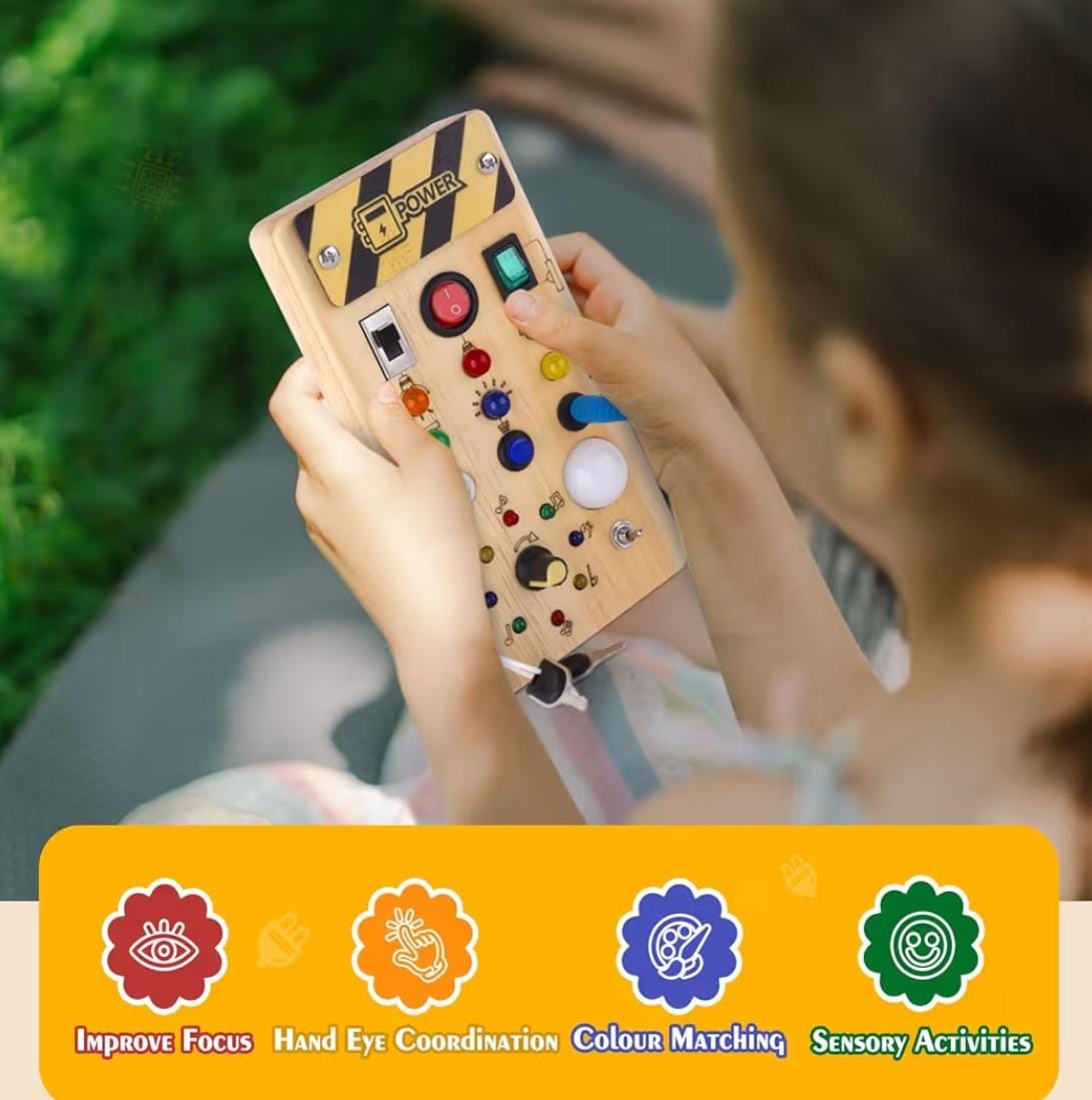 Wooden Busy Board with 8 LED Switches and Lights - Image 2
