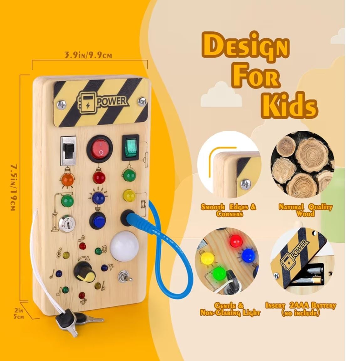 Wooden Busy Board with 8 LED Switches and Lights