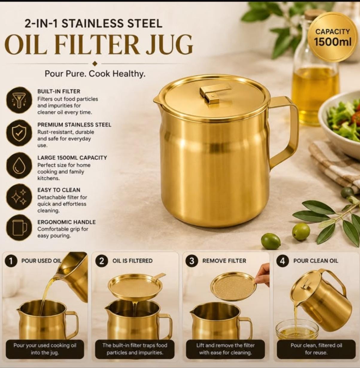 Stainless Steel Gold 2 In 1 Oil Filter Jug