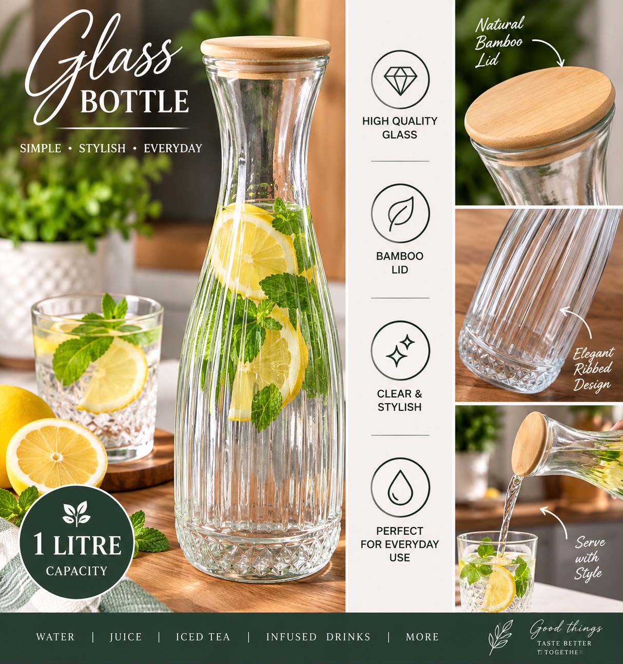1 Litre Ribbed Glass Bottle
